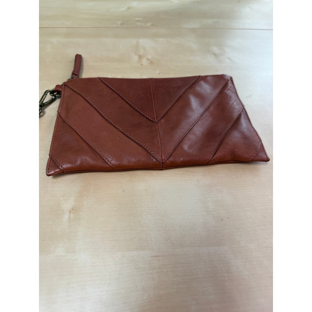 Lucky Brand Cognac Brown Leather Chevron Stitch Wristlet Clutch Bag - Picture 9 of 10